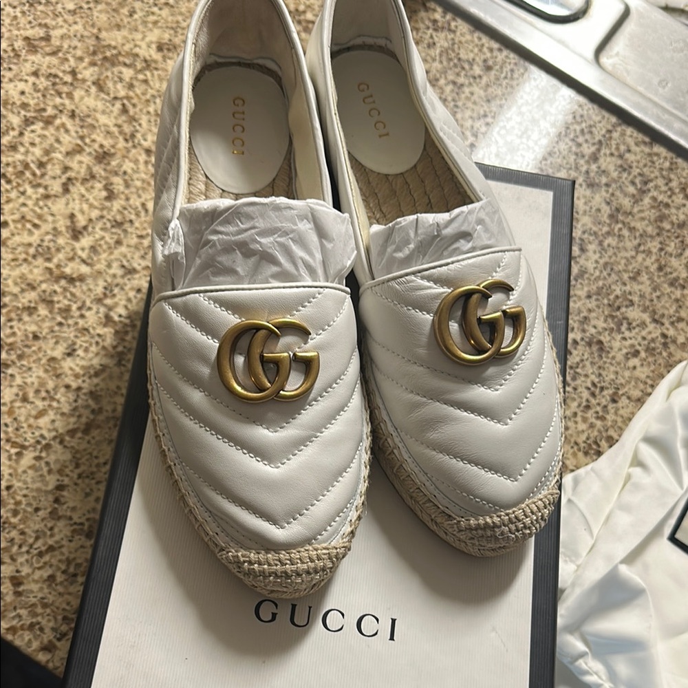 Gucci White and Gold Espadrille Shoes